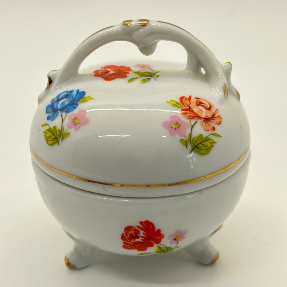 VTG ENESCO Hand Painted Flowers Trinket Box JAPAN